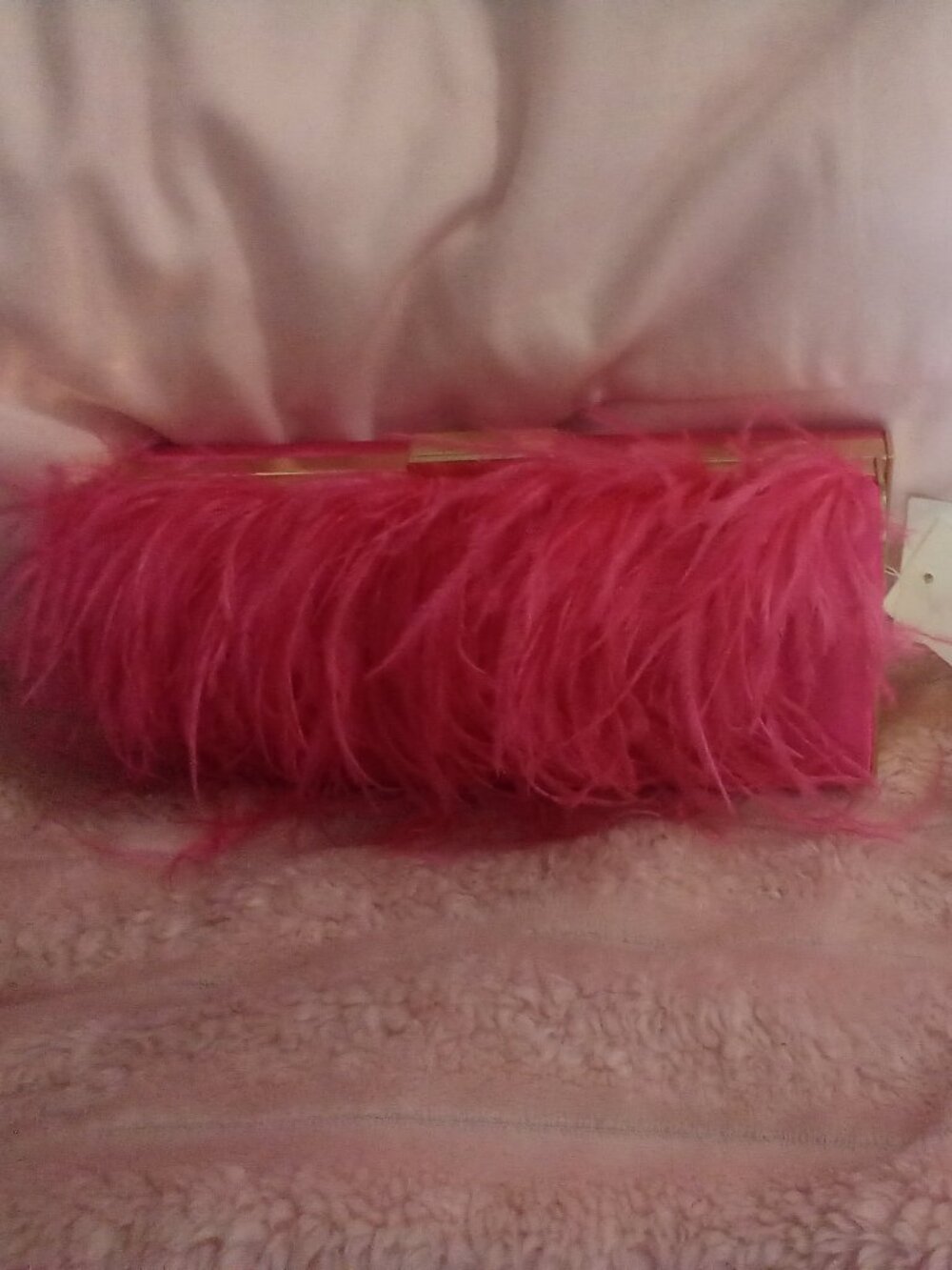 ALESSIA Pink Genuine Ostrich Feather/Satin Back Embellished Clutch NWT